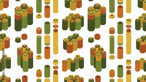 A clean isometric seamless pattern features organized clusters and individual cylindrical batteries in various sizes and shades of green, yellow, and orange on a white surface.