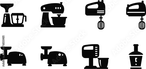 Kitchen appliances silhouette vector icon set featuring stand mixer hand mixer meat grinder juicer blender and food processor isolated on white background