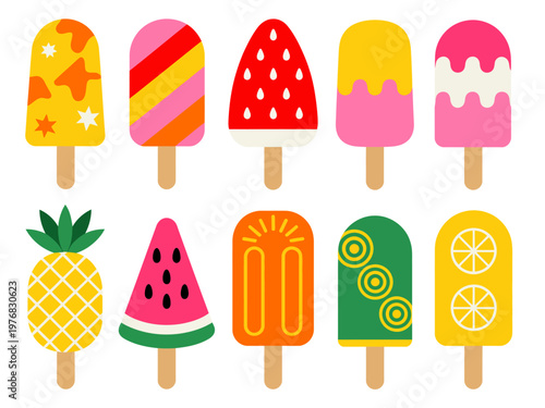 Collection of colorful flat popsicles and ice cream bars with fruit motifs summer