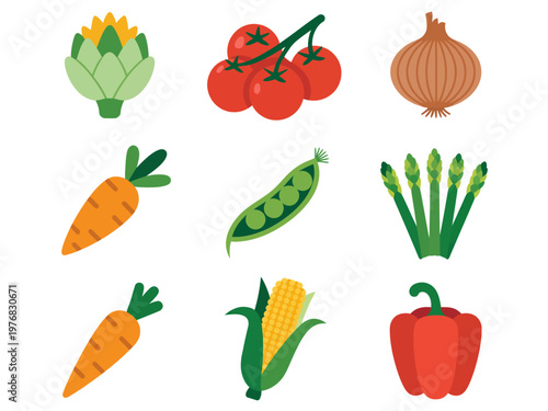 Collection of colorful flat vegetables including artichoke tomatoes onion carrots peas asparagus corn and bell pepper