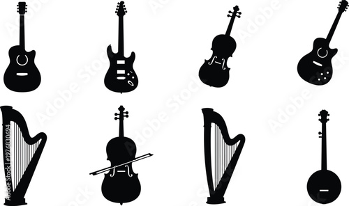 Musical instruments silhouette vector icon set featuring acoustic guitar electric guitar violin harp banjo and string instruments isolated on white background