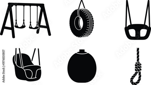 Playground equipment silhouette vector icon set featuring swing set tire swing baby swing playground seat punching bag and hanging rope isolated on white background