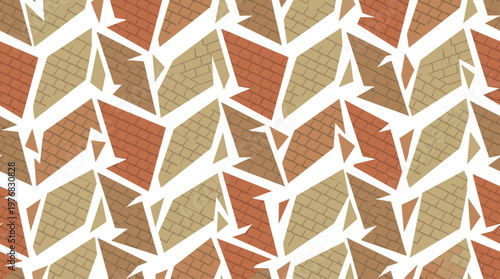 A dynamic seamless pattern is composed of sharp, interlocking geometric shapes in earthy terracotta and beige tones, featuring a subtle, textured brickwork motif inside.