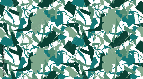 A dynamic and abstract seamless pattern evokes a modern camouflage or collage effect with layered, torn-paper shapes in a sophisticated palette of green and teal.