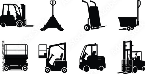 Warehouse and material handling equipment silhouette vector icon set featuring forklift pallet jack hand truck trolley scissor lift and industrial transport vehicles isolated on white background