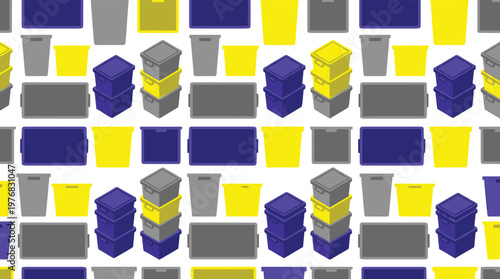A neat and organized seamless pattern of isometric storage containers, including vibrant yellow and blue bins and grey trays, is arranged on a clean white background.