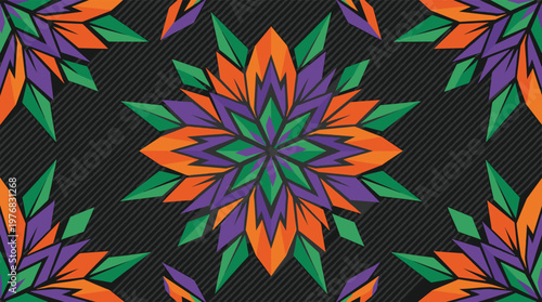 A bold, symmetrical pattern of sharp, geometric floral mandalas is displayed in vibrant Mardi Gras colors against a dark, subtly textured diagonal line background.