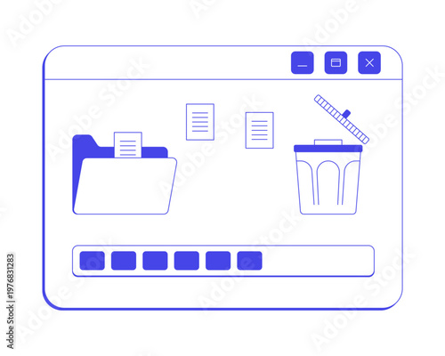 File delete process neo brutalism line popup window. Remove action. Progress bar. Documents from folder cleanup. Trash bin. Interface element in neubrutalism outline style. Monochrome Y2K UX design