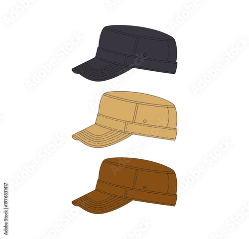 Military style caps in dark gray tan and brown a white background army cadet