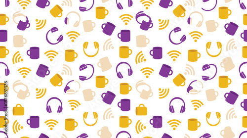 A cheerful and modern repeating pattern of colorful coffee mugs, wireless headphones, and Wi-Fi symbols is scattered playfully across a clean white background.