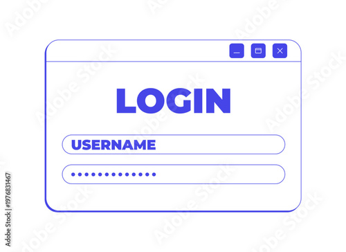 Login form neo brutalism line popup window. Username and password input fields. User authentication. Account member sign in. Interface element in neubrutalism outline style. Monochrome Y2K UX design