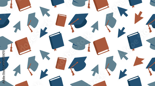 A repeating pattern of stylized graduation caps, classic textbooks, and digital cursors is arranged neatly on a pristine white background with a simple color palette.