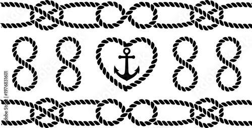 Nautical rope including knots heart shape anchor and infinity symbols