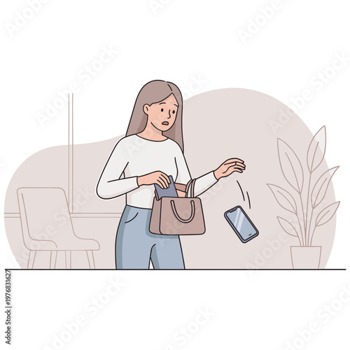 Woman drops phone from handbag in indoor setting with chair and plant.