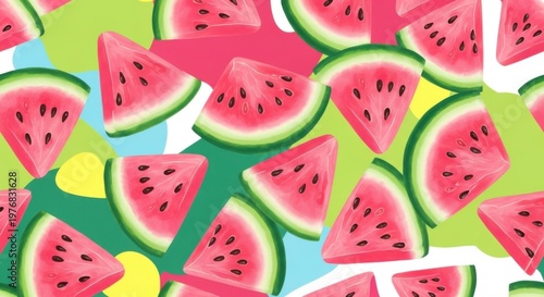 Seamless pattern with watermelon slices on a colorful abstract background