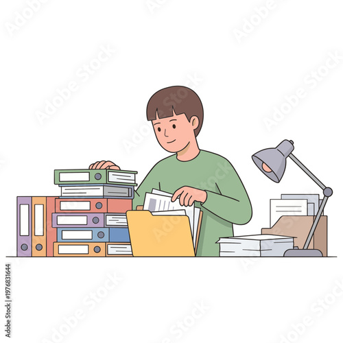 Man organizing office documents and files on a desk indoors