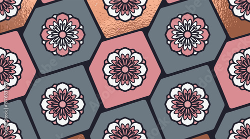 An elegant seamless pattern showcases stylized pink and white flowers within grey and pink hexagonal tiles, accented by a shimmering metallic copper texture.
