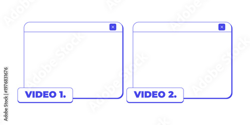Videos blank two neo brutalism line popup windows. Empty 2 dialog boxes. Multimedia content display. Media screens comparing. Interface element in neubrutalism outline style. Monochrome Y2K UX design