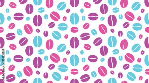 A vibrant and energetic seamless pattern of scattered magenta and cyan coffee beans creates a playful and modern pop-art effect against a pristine, solid white background.