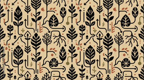 An intricate seamless pattern of stylized black botanical forms with arrow-like stems and detailed roots creates a complex navigational motif on a neutral beige backdrop.
