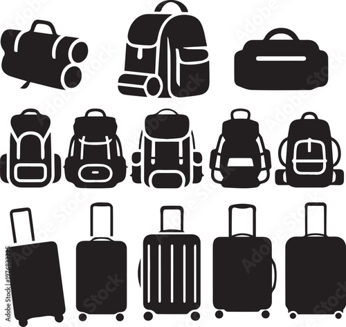 Collection of travel luggage including backpacks duffel bags and suitcases.