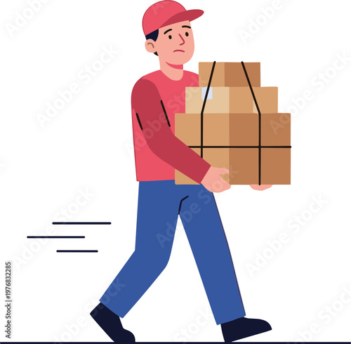 Man carrying stacked boxes while walking quickly in warehouse