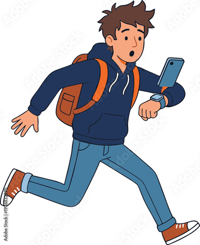 A cartoon boy runs quickly outdoors while looking at his phone.