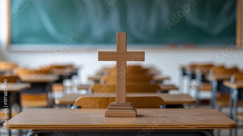 Empty classroom, wooden cross on desk, school desk, religious symbol, education space