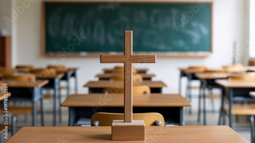 empty classroom, wooden cross, school desk, education symbol, religious object