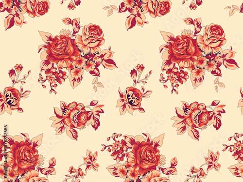 Seamless Vintage Floral Rose Pattern.a pattern with red roses on a beige background