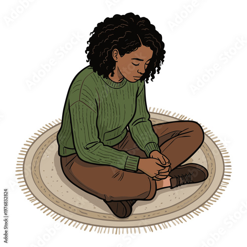 A woman sits cross-legged on a rug looking down