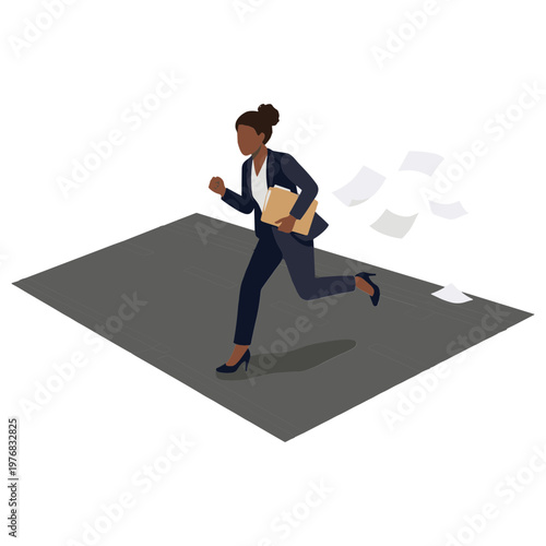 Businesswoman runs quickly with papers on a large puzzle piece outdoors