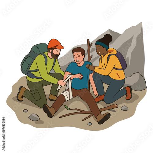 Hikers assisting injured friend on mountain trail with rocks and sticks nearby