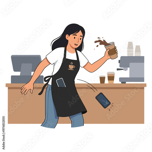 Woman spills coffee while working at a cafe counter indoors