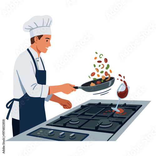 A chef cooks food on a stovetop with a frying pan.