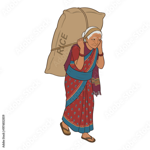 Woman carrying heavy load on her head walking down the street