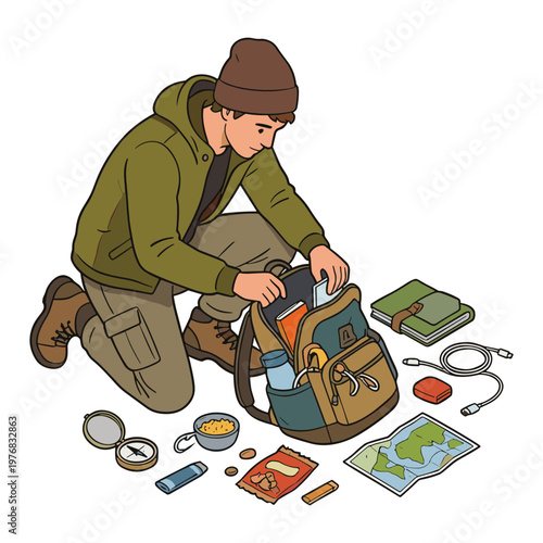 Man packing backpack with hiking gear on the ground outdoors