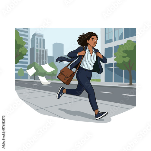 Woman runs down city sidewalk with papers flying from her briefcase.