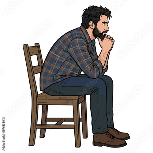 A man sits on a wooden chair looking thoughtful and relaxed indoors.