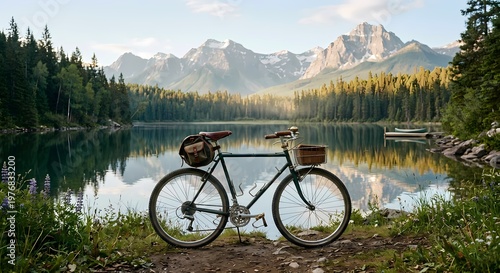 A classic bicycle is parked by the shore of a tranquil lake in a mountainous landscape. 