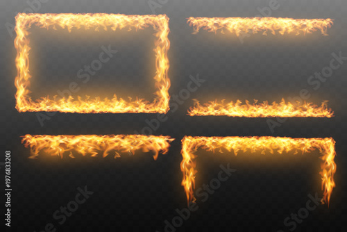 Set of realistic fire frame borders with flames and burning edges on transparent background.