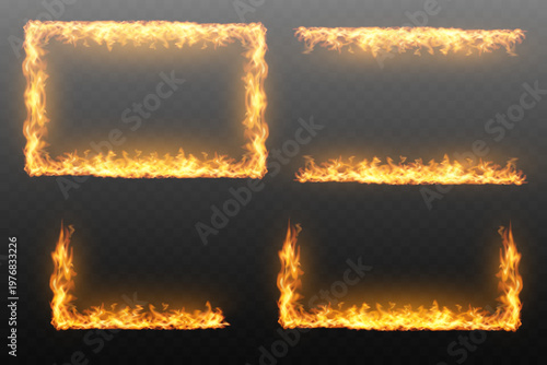 Set of realistic fire frame borders with flames and burning edges on transparent background.