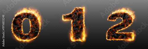 Set of burning cracked lava numbers with fire glow and flame edges on transparent background.