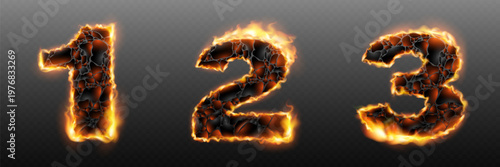 Set of burning cracked lava numbers with fire glow and flame edges on transparent background.