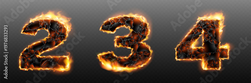 Set of burning cracked lava numbers with fire glow and flame edges on transparent background.