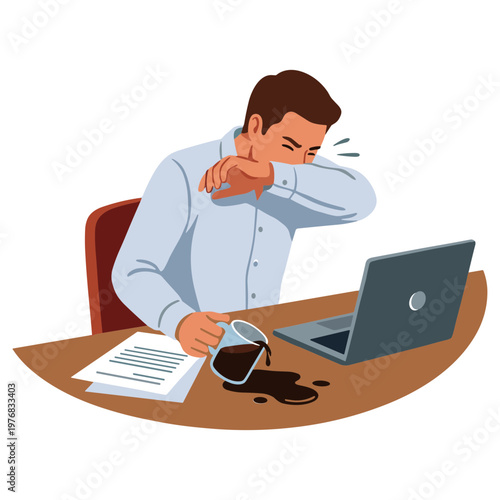 Man spilling coffee while working on laptop at office desk