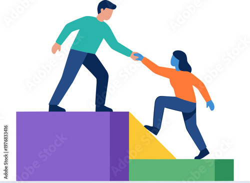 A man helps a woman climb up a colorful block structure.