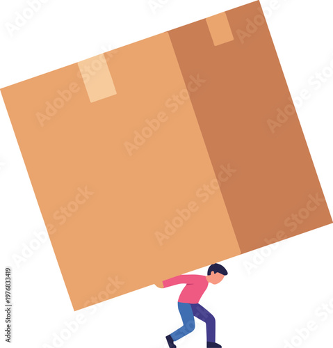 Man struggles to move large heavy cardboard box indoors slowly