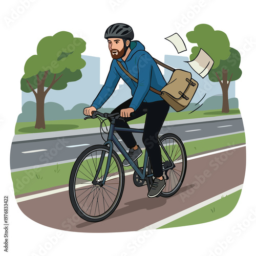 Man riding bicycle on path with trees and city background while papers fly