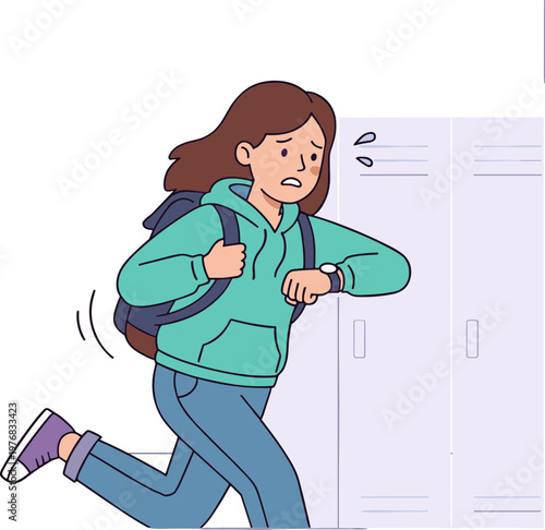 Teenager runs quickly down school hallway with worried expression